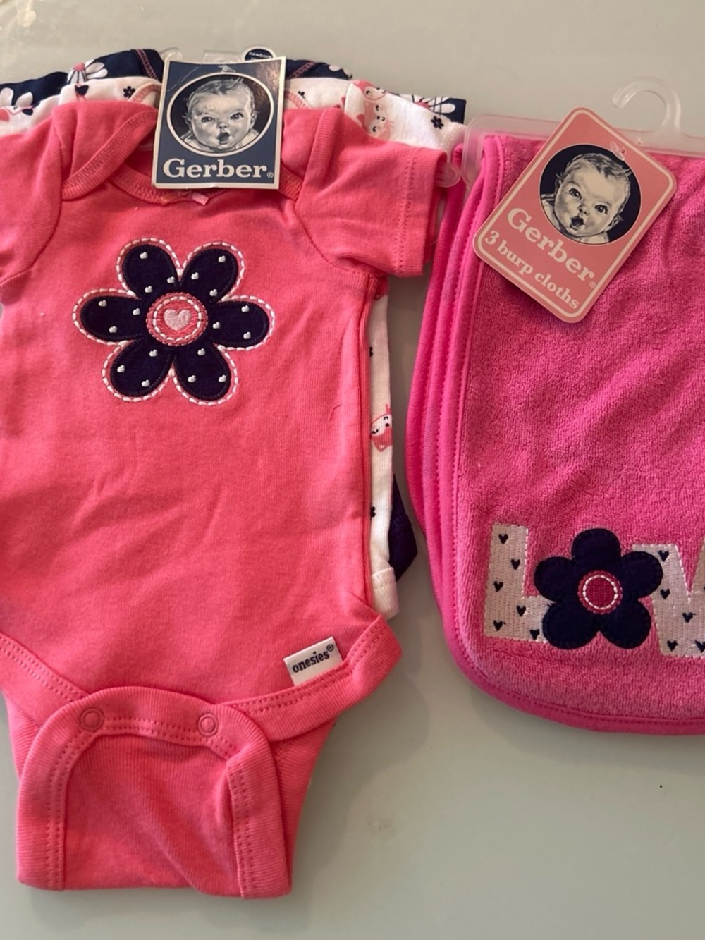 Gerber Pink Floral Baby Onesie Set with Matching Burp Cloths
